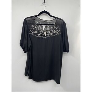 Cowgirl Hardware Top Women's XL Black Skull & Roses Embroidered Mesh Preppy NWT